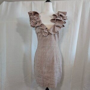 Bardot Linen Blend Polka Dot Frill Dress Tan & White Ruffles Cocktail Size 6